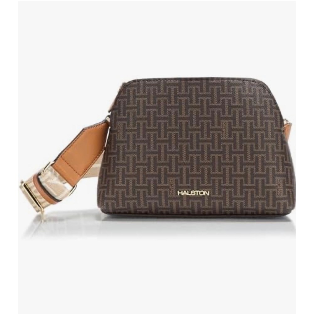 NWT Halston Quincy Brown Monogram Crossbody Bag Webbed Strap Messenger New